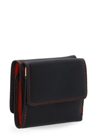 Black leather wallet with orange stitching. Compact design with a flap closure. Features multiple card slots and a textured finish.