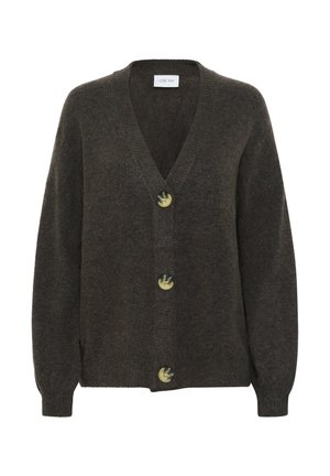 Tamsiai rudas megztinis su V formos iškirpte, trimis dideliais mygtukais priekyje, ribinėmis rankogaliais ir apačia bei „CREAM" etiketė vidinėje apykaklės pusėje.