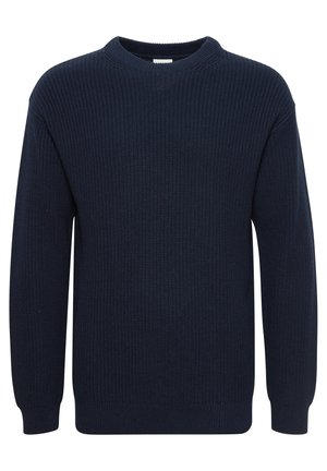 Mørkeblå strikkegenser med rund hals, lange ermer og ribbestruktur, med en rett nederkant og uten synlige logoer eller mønstre.