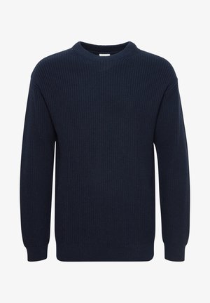 Marineblauer Strickpullover mit Rundhalsausschnitt, langen Ärmeln und Rippstruktur, mit geradem Saum und ohne sichtbare Logos oder Muster.