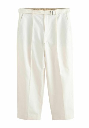 White tailored trousers with pleats, belt loops, side pockets, and a buckle belt, displayed on a plain white background.