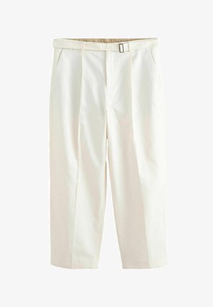 White tailored trousers with pleats, belt loops, side pockets, and a buckle belt, displayed on a plain white background.