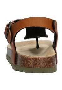 Brun lædersandal med bagrem, korksål og grøn gummisål. Har en tåpost og en tekstureret indersål for bedre greb.