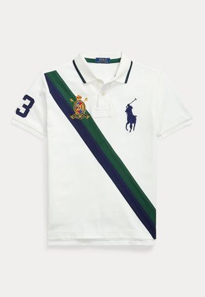 White polo shirt with a green and navy diagonal stripe. Features a large embroidered number "3," a crest, and a horseman logo in navy.