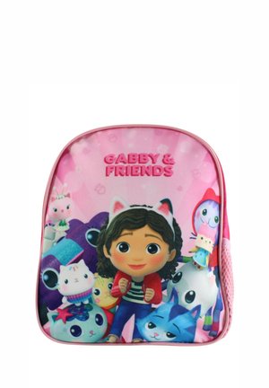 Zaino rosa con ragazza dei cartoni animati che indossa orecchie da gatto e personaggi di animali colorati, con il testo "Gabby & Friends" in cima.