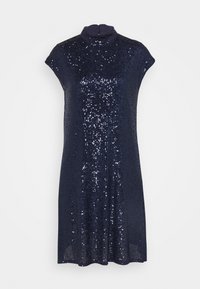 Navy blue dress with a high neckline, short sleeves, and all-over sequins, creating a shiny texture and fitted silhouette.