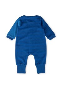 Tuta intera blu con maniche lunghe, caratterizzata da un motivo a righe ondulate. Tessuto morbido, con piedi coperti e polsini a coste.