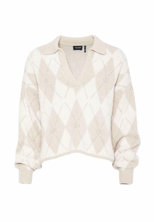 Beige and cream argyle-patterned sweater with a v-neck and collar, featuring long, ribbed sleeves and a cropped design. Soft texture.