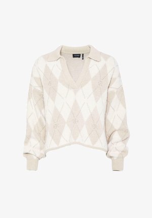 Beige ja kreemikas argyle-mustri täkkega sviiter, millel on V-kaelus ja krae, pikad ribitud varrukad ning lühike disain. Pehme tekstuur.
