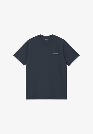 Camiseta de manga corta Carhartt en azul marino oscuro con pequeño logotipo blanco en el pecho izquierdo, cuello redondo y etiqueta de tamaño mediano en el interior del cuello.