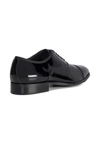 Black patent leather dress shoe with a sleek design, rounded toe, and low heel. Features a smooth, shiny finish and lace-up closure.
