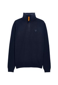 Pull en bleu marine avec col haut, zip quart, poignets et ourlet côtelés, et un petit logo brodé sur la poitrine.