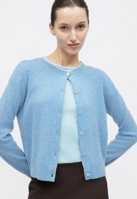 Cardigan bleu clair en maille douce, avec un col rond, une fermeture à boutons, et un ourlet côtelé. Porté sur un haut bleu clair.