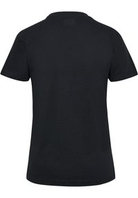 Sort T-shirt lavet af blødt bomuld, med klassisk rund hals og korte ærmer. Glat tekstur uden synlige mønstre eller detaljer.