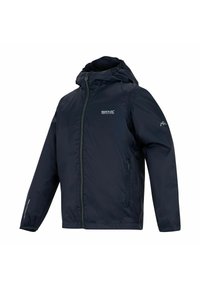 Chaqueta de exterior azul marino con capucha, cremallera frontal, bolsillos laterales con cremallera y logotipo "Regatta Great Outdoors" en el pecho y la manga.