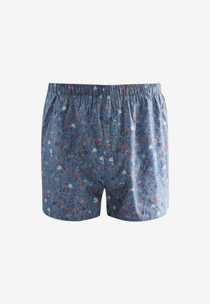 Boxer shorts made of lightweight fabric, featuring a blue background with a floral pattern in red, white, and green. Elastic waistband with a button.