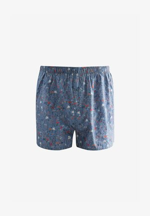 Boxershorts gemaakt van lichtgewicht stof, met een blauwe achtergrond en een bloemenpatroon in rood, wit en groen. Elastische tailleband met een knoop.