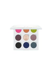 Palette di ombretti a nove cialde con confezione bianca; presenta tonalità vivaci tra cui rosa, verde e blu, con una tonalità iridescente per l'illuminazione.