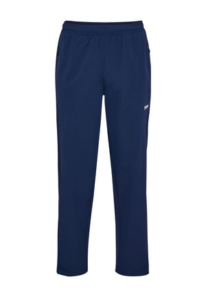 Navyblaue Sporthose aus glattem, leichtem Stoff. Verfügt über einen elastischen Bund und Seitentaschen. Einfaches, funktionales Design.