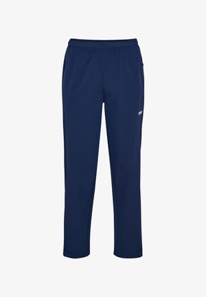 Navyblaue Sporthose aus glattem, leichtem Stoff. Verfügt über einen elastischen Bund und Seitentaschen. Einfaches, funktionales Design.