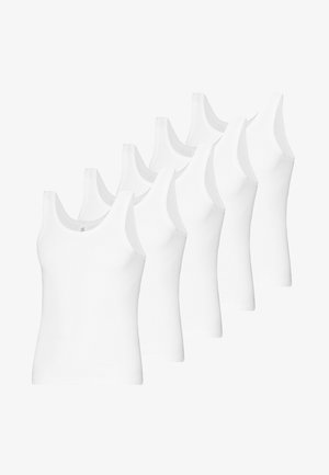 Fünf weiße Tanktops mit gerippter Textur, klassischem ärmellosem Design und rundem Ausschnitt. Jedes Shirt hat einen geraden Saum.