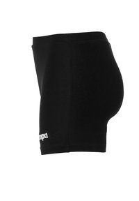Black shorts made of stretchy fabric, featuring a snug fit and a logo on the left side. Smooth texture with a simple design.