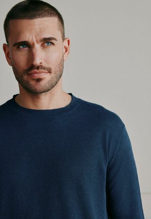 Mann mit kurzen dunklen Haaren und Bart, der einen blauen Pullover trägt und leicht nach links blickt vor einem schlichten Hintergrund.