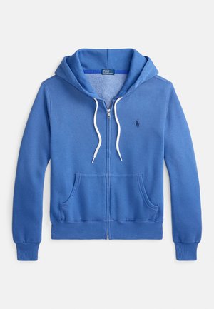 Camisola com capuz azul de algodão misto com interior macio. Apresenta um bolso frontal, cordões brancos e detalhe de logótipo bordado.