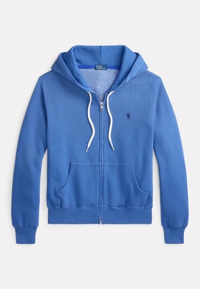 Camisola com capuz azul de algodão misto com interior macio. Apresenta um bolso frontal, cordões brancos e detalhe de logótipo bordado.