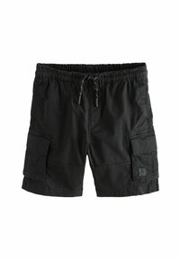 Zwarte cargoshorts van duurzaam materiaal, met een elastische tailleband met trekkoord, zijzakken en gestikte details.