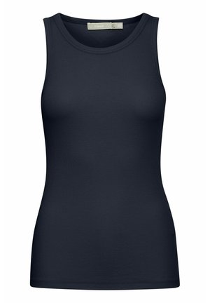 Marineblaues Tanktop aus geripptem Stoff, mit Rundhalsausschnitt und ärmellosem Design. Glatte Textur mit figurbetontem Schnitt.