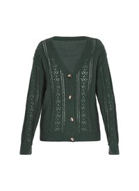 Cardigan verde lavorato a maglia con scollatura a V, caratterizzato da un motivo testurizzato, maniche lunghe e sei bottoni frontali. Il tessuto è leggero e traspirante.