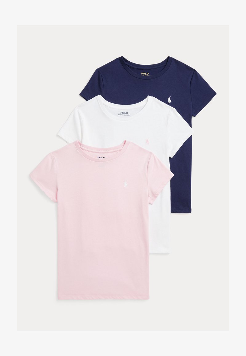 Drie korte mouw Polo Ralph Lauren T-shirts in roze, wit en marineblauw, met logo's op de borst.