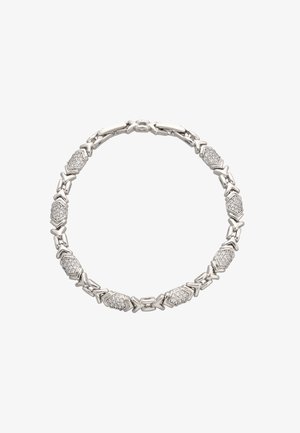 Hopeaketju, jossa on vuorotellen suorakulmaisia ja timantinmuotoisia lenkkejä, joista useat on koristeltu pienillä, kimaltelevilla kristalleilla.