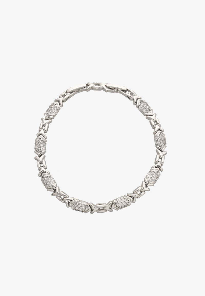 Srebrna bransoletka z łańcuszka, składająca się z naprzemiennych prostokątnych i diamentowych ogniw, z kilkoma zdobionymi małymi, błyszczącymi kryształkami.