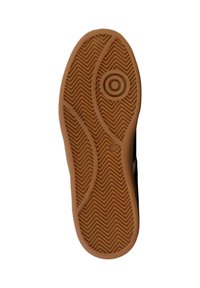 Suola di scarpa in gomma con un motivo a spina di pesce, dettaglio circolare e colore contrastante beige. Texture liscia con scanalature definite per la trazione.