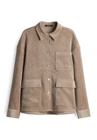 Giacca camicia in corduroy beige con colletto, quattro tasche frontali e bottoni a pressione. Tessuto morbido con motivo a coste.