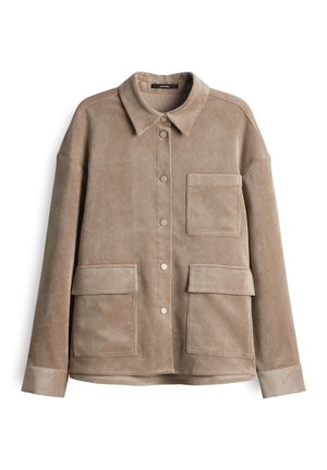 Beige corduroy overhemdjack met een kraag, vier voorzakken en drukknoopsluiting. Zachte textuur met geribbelde patroon.