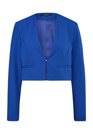 Cropped blue blazer with long sleeves, featuring a deep V-neckline, front pockets, and smooth fabric texture. Lined interior.