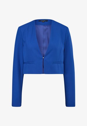Cropped blue blazer with long sleeves, featuring a deep V-neckline, front pockets, and smooth fabric texture. Lined interior.