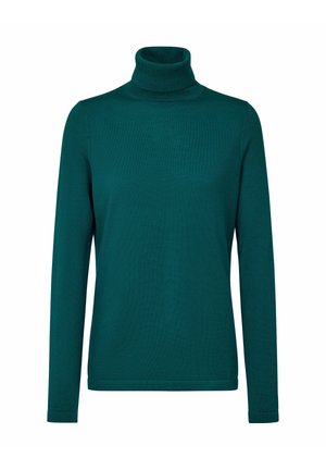 Pull à col roulé teal en tissu côtelé, avec des manches longues et une coupe ajustée. Texture lisse sans motifs ni accents visibles.