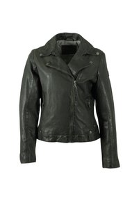 Giacca in pelle nera con rever a punta, zip asimmetrica e due tasche laterali. Presenta una texture liscia e una silhouette aderente.
