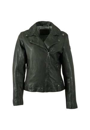Giacca in pelle nera con rever a punta, zip asimmetrica e due tasche laterali. Presenta una texture liscia e una silhouette aderente.