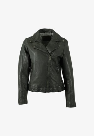 Zwarte leren jas met een getailleerde revers, asymmetrische rits en twee zijzakken. Kenmerkt zich door een gladde textuur en een aansluitende pasvorm.