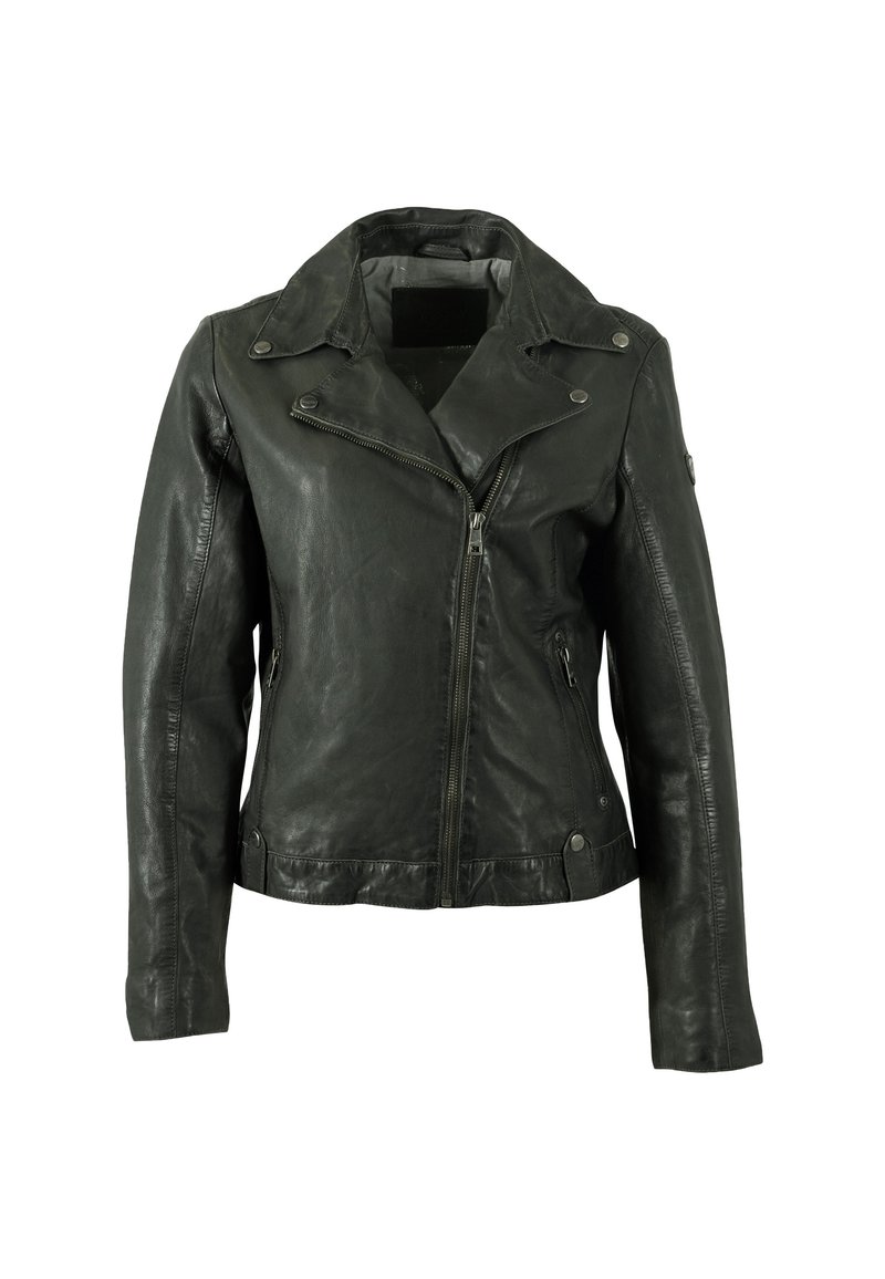 Giacca in pelle nera con rever a punta, zip asimmetrica e due tasche laterali. Presenta una texture liscia e una silhouette aderente.