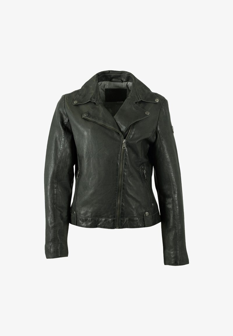 Giacca in pelle nera con rever a punta, zip asimmetrica e due tasche laterali. Presenta una texture liscia e una silhouette aderente.
