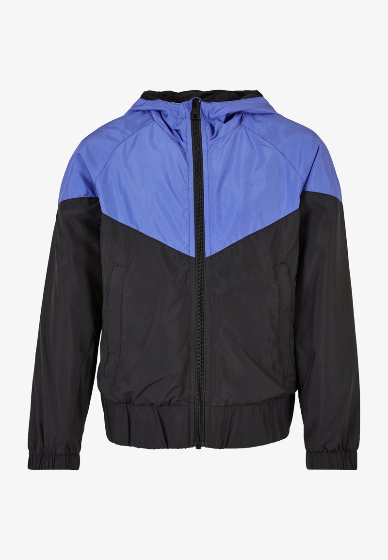 Juodas ir mėlynas vėjaraštis su užtrauktuku per priekį, liemene, elastinėmis rankovėmis ir dviem šoninėmis kišenėmis. Yra kontrastingos spalvų blokų dizainas.