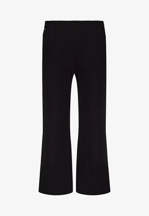 Schwarze, ausgestellte Hosen mit einem gerafften elastischen Bund. Hergestellt aus weichem Material, mit glatter Textur und ohne sichtbare Muster oder Beschläge.