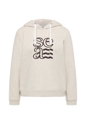 Felpa con cappuccio beige con coulisse, presenta una grafica nera con la scritta "sea" e linee ondulate sotto. Tessuto morbido, design casual, maniche lunghe.