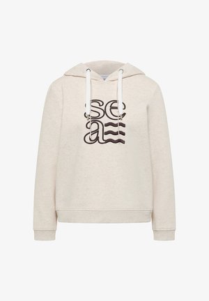 Felpa con cappuccio beige con coulisse, presenta una grafica nera con la scritta "sea" e linee ondulate sotto. Tessuto morbido, design casual, maniche lunghe.